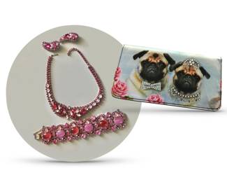 Mix it up:  elegant pink rhinestone necklace, bracelet and earrings alongside wallet featuring rhinestone-loving pugs (wallet sold separately)