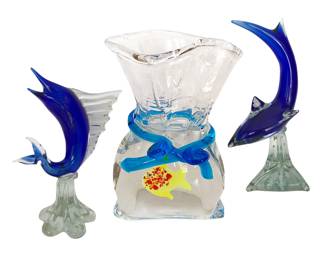 Vintage Murano fish-in-bag paperweight, 7”H; two art glass fish sculptures, maker not identified; dolphin 15”H; marlin 13”H; each item sold separately