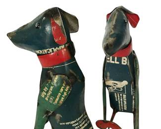 Front and side views of a metal dog sculpture handmade in India from recycled oil drums, paint tins, etc.; 10”H