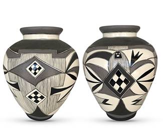 Two views of a single large, olla; previous owner believed it Navajo, or made by a Navajo, but  thin, intricate "rain-like" patterns and all-over black and white design are more definitively Acoma; impressive either way; 18"
