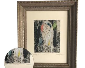 Marc Chagall (1885-1985):  "Les Amoureux En Gris" ("The Lovers in Grey"); lithograph for Jacques Lassaigne's "Chagall," M (F. Mourlot) 194, 1957; signed in graphite LR; 18.5”H x 15”W framed; museum mounted behind non-glare glass; from the estate of a European collector who bequeathed to her son a number of works by Chagall, several of which he is  "deaccessioning" 