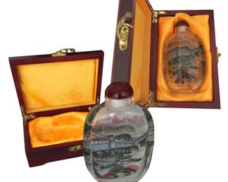 Chinese reverse painting snuff bottle and case; bottle slightly enlarged to better show painting of Great Wall of China; 5” H
