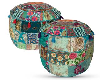 Two sides of one patchwork pouf ottoman; 16”H x 22”W across the top