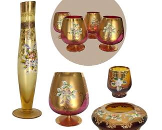 Collection of vintage Bohemian Czechoslovakian hand-painted, floral-motif glass: bud vase w/gold trim, 8”H; four cranberry glass and matte gold Queen Helene brandy snifters (one of the four shown separately), about 5.5”H; amber glass w/gold trim cordial, 2.5”H; deep gold and reddish-amber ashtray, about 2”H x 4”W;  most items sold separately