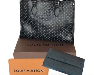 Louis Vuitton:  patterned black tote,  approximately 10H x 13”W, and blue Epi Sarah wallet, about 4”H x 7.5”W; sold separately  (Interested buyers please see Karin about these items.)