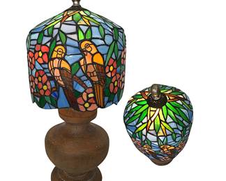 Tiffany-style floral and parrot design lamp shade on a metal wood-looking base; 20”H;  shade 10" W