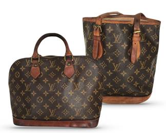 Classic  Louis Vuitton bags — always crowd favorites; L to R:  Alma and Petite Bucket.  Interested parties please see Karin.  