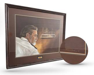 Large original pastel portrait of Captain Arthur W. Bull, commissioned from Mississippi artist Charles O. Perkins;  perfect for boat shop, seafood restaurant, home bar.  From Captain Bull’s 2010  obituary:  "He joined the Merchant Marines at age 18 and wrestled professionally in the U.S., New Zealand, Australia and Cuba…he owned a barge line in Iowa and Illinois…and captained three paddlewheel boats…primarily on the Mississippi River. He and his wife wintered on Anna Maria Island…They purchased and ran the island bus."  Engraved plaque on frame reads “ILLEGITIMI NON CARBORUNDUM,” mock-Latin for "Don't let the bastards grind you down." Framed dimensions:  35.5”H x 42”W
