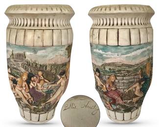 Front and back of Italian-inspired, majolica-like vases w/bathing nymphs and children theme; lightweight; signed ’"Billie Hensley"; 17.5”H