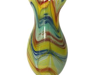 Art glass teardrop-style vase with horizontal wave pattern; 12” H