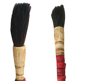 Coveted Chinese mid-century chunky coral and bone (or pre-ban ivory?) calligraphy brushes; each 12.5” in length