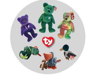 Clockwise from TL:  Our large selection of Beanie Babies includes Princess (commemorating Princess Diana), Erin the Bear, a "Ty"-dyed Peace Bear, Jake the Drake, Scoop the Pelican, Beak the Kiwi and Hissy the Snake.  Except for Princess, who is missing her hang tag, all are original issues and have hang tag and/or tush tag errors.  (Not shown: Zodiac the Rooster and several others.)