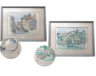 Two signed, original watercolors by André Joseph Grill, American (1916 - 1985); L to R:  Small Square in Prague; Royal Garden Prague; each work framed: 15”H x 18.5W 