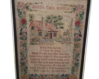 Vintage hand embroidered sampler with house blessing excerpted from the song/hymn "Bless This House" (published in 1927 with lyrics by Englishwoman Helen Taylor)
