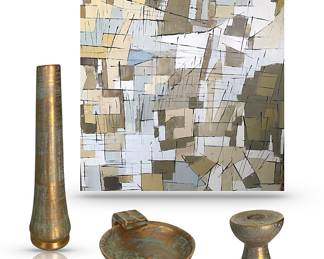 Stangl Pottery; 22K brushed antique  gold  w/scumbled turquoise; bud vase, 6”H; ashtray, 4.5”W; candlestick, 4”H.  Stangl, part of a long-standing pottery works, operated under that name in New Jersey from 1955-1978.  Artwork:  Large decorative abstract wall hanging; unsigned; 40”H x 40”W