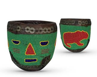 Yoruba beadwork ceremonial bowl, front and back; 10"H x 8”W