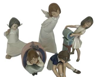 Four glazed ceramic figurines by LLadro and one by Bing and Grondahl, sold separately; all clearly marked.  From upper left, clockwise:
1.  Seated LLadro Cherub Wondering Angel #4962; 5.75”H
2.  Standing LLadro Curious Angel #4960; 9.25”H
3.  Alphabet Series LLadro Schoolgirl, forming letter "I" #5147; 7.75”H
4.  Seated Bing and Grondahl Girl Fastening Shoe #2317; 4.25”H
5.  Alphabet Series LLadro Schoolgirl, in letter “O” #5148; 5”H x 3.5”W x 3.5”D
