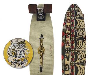 Rare, highly collectible "Tonga Tonga" 1970’s Trickray Moto Board skateboard by D&L Products out of Garden Grove, CA; fiberglass construction and surfboard design; era’s popular cool dude surfing logo by Pfister remains vivid  (Close-up of surfer dude taken from another board.)
