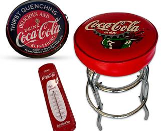 COCA-COLA Collectibles:  vintage tin "Thirst Quenching" tray/advertising sign, 16”W; one of two trademark logo bar stools, approximately 29”H x 13”W; retro thermometer, about 16”H (Items have some age-related wear and tear, but our Coca-Cola memorabilia collectors love it all!)