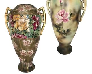 Two sides of hand-painted Nippon-style reticulated double-handled vase; one side featuring moriage-enhanced "framing" bands and gold slip trailing outlining lively floral designs; reverse side shows single-stemmed rose foregrounded softly against shimmery, shadowy background; note included with vase reads  "1800’s pre-Nippon  (Japanese)";  12”H