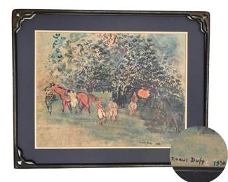 Raoul Dufy (1977 - 1953) watercolor print, with two signatures:  LR name and date in bold black, signed in plate, and painting’s inherent signature visible in faint ink below horse hooves, far right.  Unusual metal frame has some age on it — looks a little older than midcentury. Original painting done in 1930. No printer name, date or print run number noted, but has overall appearance of older print in older frame; 24”H x 28”W