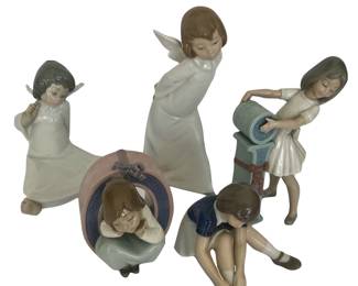 Four glazed ceramic figurines by LLadro and one by Bing and Grondahl, sold separately; all clearly marked.  From upper left, clockwise:
1.  Seated LLadro Cherub Wondering Angel #4962; 5.75”H
2.  Standing LLadro Curious Angel #4960; 9.25”H
3.  Alphabet Series LLadro Schoolgirl, forming letter "I" #5147; 7.75”H
4.  Seated Bing and Grondahl Girl Fastening Shoe #2317; 4.25”H
5.  Alphabet Series LLadro Schoolgirl, in letter “O” #5148; 5”H x 3.5”W x 3.5”D
