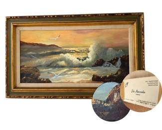 Midcentury oil seascape signed by Lola “Abbie" Abercrombie (1911 - 1998) of Long Beach, Ca.  Lola and her husband were charter members at Long Beach Baptist Church, and Lola enjoyed gardening and painting.  
