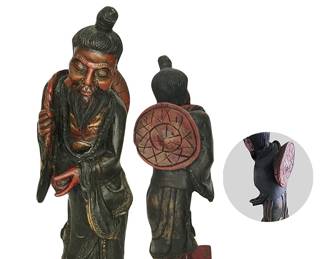 Carved figure of Chinese fisherman with net slung over shoulder, wearing ushnisha (topknot) of enlightenment and displaying Buddhist cupped-hand gesture signifying greetings, blessings, respect and peace; 20”H
