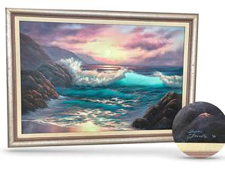 Oil on canvas seascape signed LR:  Sharon Brunelle ‘92; 18.5H x 28”W