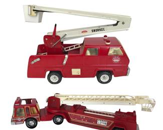 Two fan favorite fire trucks in collectible toys:  Tonka’s vintage Snorkel with ladder, hoses and bucket, 10"H x 17”L x 6” W;  Nylint’s steel Engine No.5,  32”L