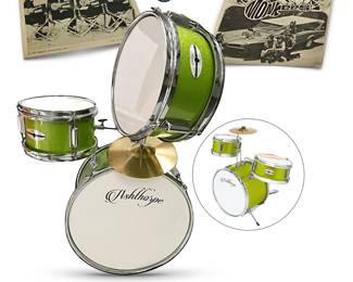 For the kids:  Ashthorpe 3-piece  junior starter drum set — inset photo, from Ashthorpe’s online site, shows setup; includes 14"x 9" bass drum, 10" × 5" mounted tom, 8"x 5" mounted snare and 8" stainless-steel cymbal; Monkees ephemera sold separately; photos signed in the plate