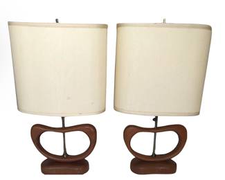 Rare pair of early 1960’s Scandinavian design inspired "Amoeba" lamps by David Shreve for V.H.  Woolums; walnut bases, silk shades; 22" H