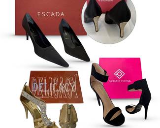 Three pairs of size 8.5 dressy shoes; vintage Escada black evening heels with crystal backs; own-the-room black Dream Pairs ankle-strap stilettos; strappy, bling-y, zip-back Delicacy heels in prom-night gold; sold separately and each pair with box