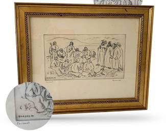 Drypoint etching entitled  "Fariezeusok”(Pharisees”) by Borsos Miklos (1906 - 1990), Hungarian sculptor and artist; slight buckle top middle; 18"H x 22"W