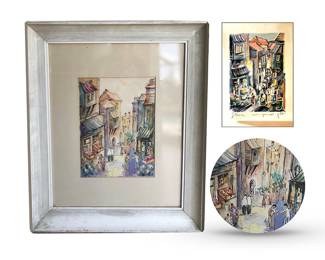 Framed  artwork depicting Jerusalem market either by or after Hungarian-Israeli artist Joseph "Yossi" Stern (1923 - 1992), known as the Artist of Jerusalem.  (The upper right image shows a signed rendering of the same street scene, not for sale with us.  Stern painted this street several times in various styles.)  Our work is unsigned, as far as we can see, though a signature could be behind the mat.  