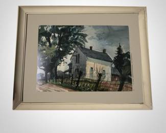 Indiana farmhouse watercolor by renowned  Hoosier Salon artist James Joseph "Jim" McBride (1923 - 1980); image size: 12"H x 16"W; with frame: 18”H x 23"W