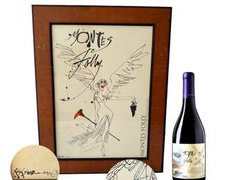Montes "Folly" wine label poster/print designed by British artist and renowned Hunter S. Thompson illustrator and collaborator Ralph Steadman to celebrate Chile’s first ultra-premium Syrahs from the Apalta vineyards;  iconic angel described perfectly by Michael Huband, editor at “The Drinks Business”:  She is tipsy, and perhaps a little flirty: barefoot, one leg flicked up behind her, with a jolt of scarlet on her lips…It might well be the perfect metaphor for the wine. Heavenly, yes, but you could not deny the dash of madness that goes into Montes Folly.”  Inscribed by Apalta vineyard co-owner Aurelio Montes: “For our big collaborator Aurelio Montes"; 30.75”H x 27"W; wine not included 😞