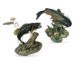 L to R: Backwater Bass and Wily Predator (catfish) by George Kruth, both from Danbury Mint Freshwater Trophies Collection;  crafted  of cold-cast porcelain and blend of powdered porcelain and resin.  Bass: 7"H x 10"W x 9” D; Wily: 8"H x 9"W; sunfish that Wily is eyeing: 2”L.  Bass missing lure.