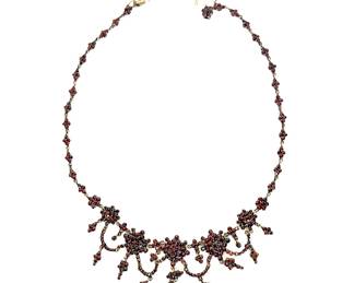 Bohemian garnet dainty necklace with multiple rosettes and cross pendants; back gold vermeil (?); cluster floret clasp; 18”