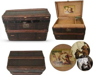 Child’s Victorian steamer trunk with removable top tray and illustration of monkey instructing a child; 12"H x 16” W.  Bonus art history tidbit:  The illustration is an example of singerie, a genre all the rage in the 1800’s, depicting monkeys engaged in human activities.  Two inspirational works shown top to bottom in far right circular insets are:  "Monkey Music Lesson" by Alexandre-Gabriel Decamps (1803-1860) and "Darwin's Theory Explained" by Charles Monginot (1825-1900).
