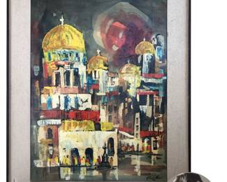 Dreamlike city scene, possibly of Jersalem, by noted Sarasota artist Robert Chase (1919 - 2014); oil on board; image: 29”H x 21.5”W; framed: 37”H x 30”W.  From "Artists of Old Florida":  “Robert Chase…moved to Sarasota in 1947 to attend the Ringling School of Art.…Chase opened his own school, The Chase School of Art, in Sarasota in 1949, briefly teaching at the Ringling School, 1950-1951. One of his students was Marie Selby, founder of the world-renowned Marie Selby Botanical Gardens. Mrs. Selby bought Chase property near Sarasota Bay, enabling him to set up his own studio. For the next thirty years Chase painted the Florida scene."  He is noted for his Florida landscapes, circus scenes and European cityscapes.  