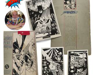 Coveted George Perez (1954 - 2022)  portfolio of 1989/90 comic book covers and extra illustrations published by DC Comics in 1990.  Portfolio contains twelve black and white plates, nine showcasing work for The New Titans and Batman.  Plates #10, #11 and #12 introduce artwork created specifically for the collection.  An introduction by Batman writer Denny O’Neil appears on the back cover.  Although the portfolio cover is worn, the plates are in excellent condition.  Each measures 15.5”H x 10” W.  Sold as a complete set.  