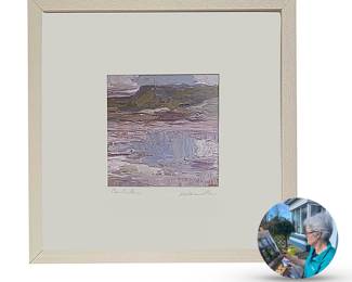 Fine giclée of Benbulben Mountain in County Sligo by Irish jewelry designer and visual artist Martina Hamilton; titled LL and signed LR; 12”H  x 12"W framed.  Ms.  Hamilton is shown in the inset, painting outside her home in County Sligo.  