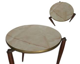 One of a set of three mid-century stacking tables with formica faux-marbled tops and Danish teak legs; 14.5” top diameter x 15”H
