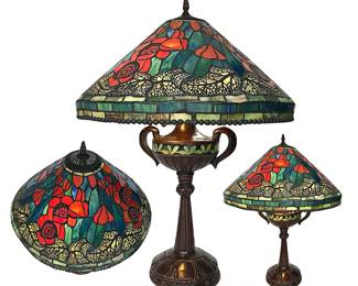 Stately single mid-century Tiffany-style poppy shade lamp; 38”H x approx. 20”W