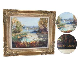 Impressionistic scene with inlet, birches, boats and distant homes; oil on Craftint’s Fulton canvas panel; image: 18.5”H x 23”W; framed: 28”H x 33”W; signed lower right, but cannot make out signature