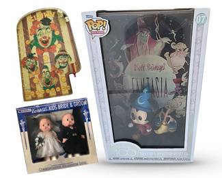 Vintage and/or limited edition toys:  Wolverine’s handheld Clown TumbleBall pinball game, c. 1960’s, 15.5”H x 10”W; Funko’s POP! "Fantasia" movie poster and Sorcerer’s Apprentice Mickey w/Broom figure, issued c. 2023 to celebrate Disney’s 100th year; Horsman/Gata Box commemorative millennium issue of Campbell’s Kids Bride and Groom, ©️1999, celebrating turn of century; each Campbell’s doll about 12”H
