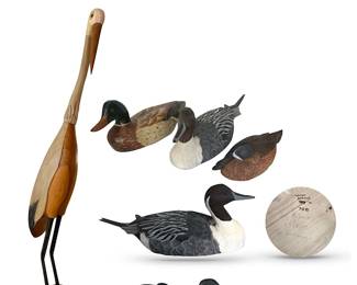 A bird bonanza:  Fifty-four inch tall folk art wading bird with rebar legs and three signed duck decoys.  Top duck grouping, L to R:  15” Mallard, 18" Pintail and 11” Blue-Winged Teal.   Pintail and Blue-Winged Teal signed by "Whittlin’" Bill Eubank and dated 1983; Mallard signed LE-1 Deluxe Big Sky Decoys
