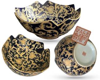 Yi Lin Arts & Treasures of China deep cobalt blue and gold arabesque bowl; 9.5" diameter