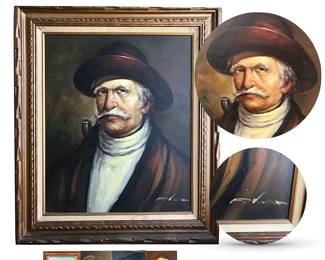 Portrait of a Man w/Pipe signed LR by F. Vincent; oil on board, from the home of a young couple’s grandfather; framed: 32”H x 28”W; date and origin unknown but likely someone with European background.  Other works by the same artist — shown in thumbnails below the work for sale — indicate he painted the same subject often, possibly himself, and experimented in Dutch, Spanish and "old-sailor-sea-dog" styles.  (We think he must have had a fun hat collection!) Frames, materials and renderings all suggest 20th c. works.   